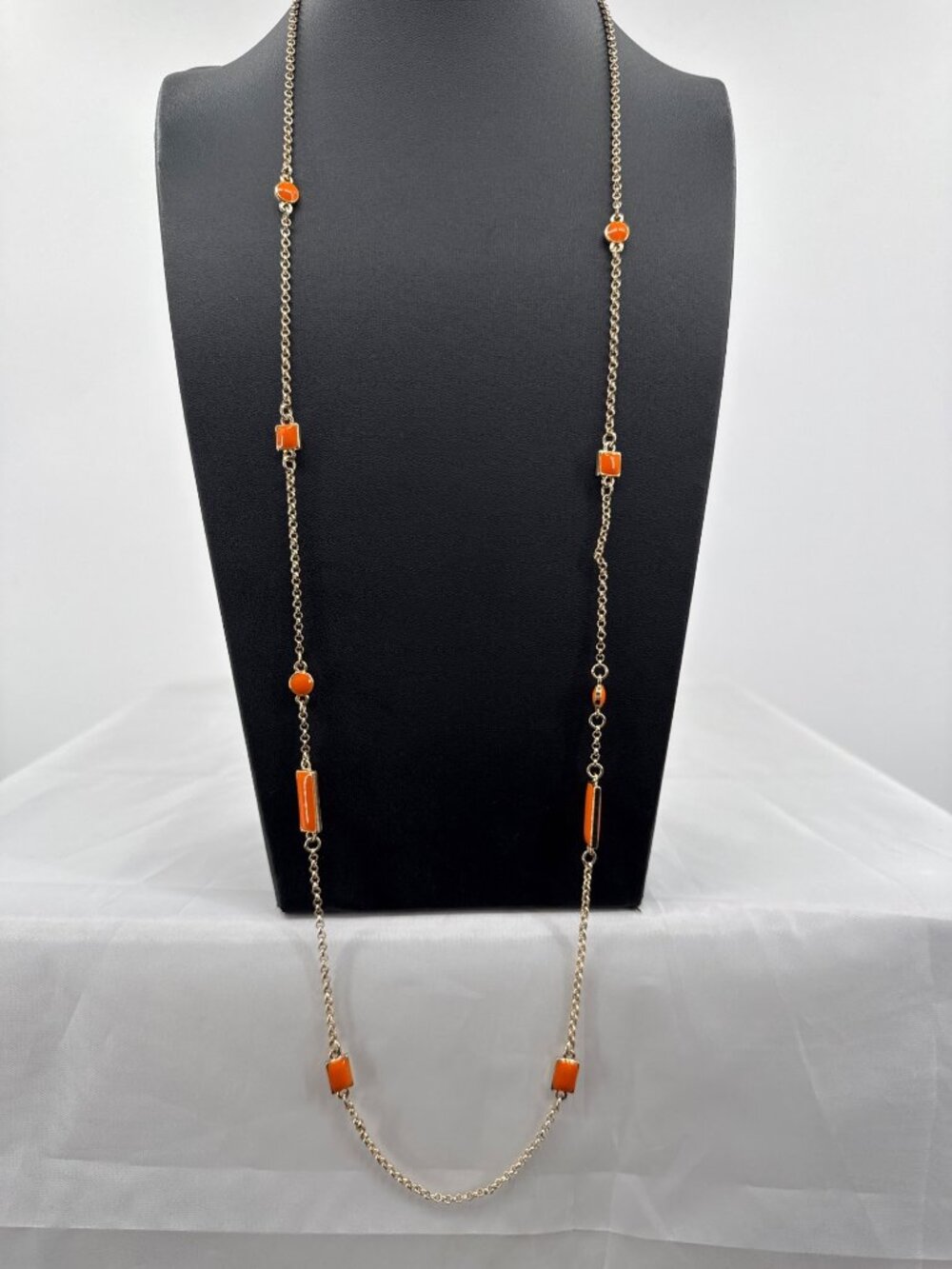 Vintage Gold Tone Orange Enamel Geometric Station Chain Long Statement Necklace